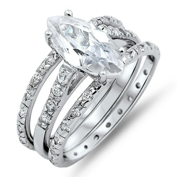 Marquise Center with Round Stones Cubic Zirconia Wedding Set Ring Sterling Silver 925
