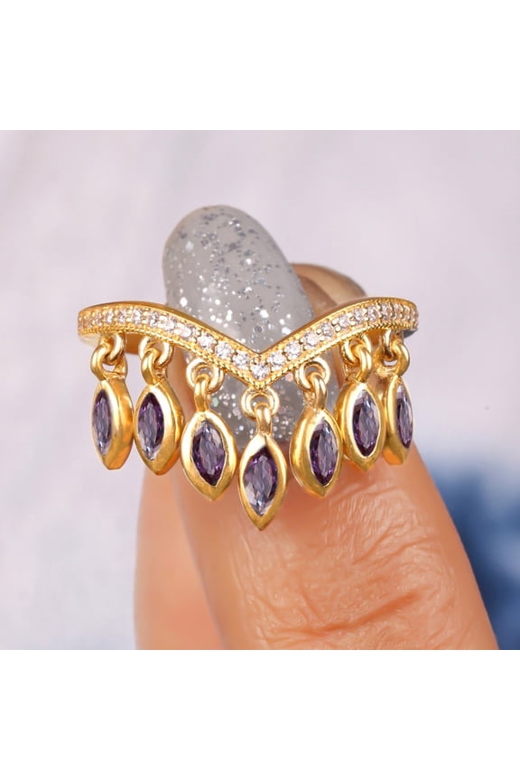 Marquise Cut Alexandrite Dangle Drop Ring, 925 Starling Silver Chevron Ring, Round Bazel Diamond Wedding Band Ring, Unique V Shaped Ring, Gift For Anniversary Jewelry,