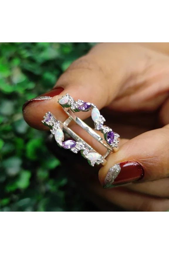 Marquise Cut Amethyst & Opal Engagement Ring Enhancer in 925 Sterling Silver – Wedding Ring Jacket, February & October Birthstones