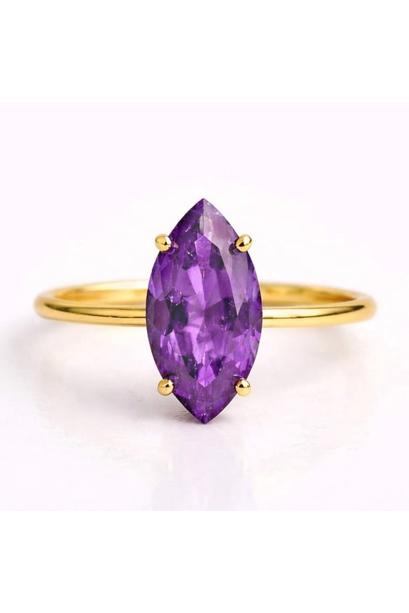 Marquise Cut Amethyst Ring, Solitaire Amethyst Gemstone Ring, February Birthstone Ring, Anniversary Ring For Her, Stackable Ring, Handmade Jewelry