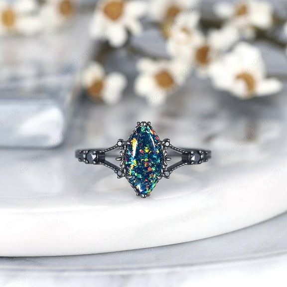 Marquise Cut Black Opal Engagement Ring, Rhodium Black Black Fire Opal Promise Ring, Witchy Black Wedding Ring, Gothic Anniversary Ring Gift