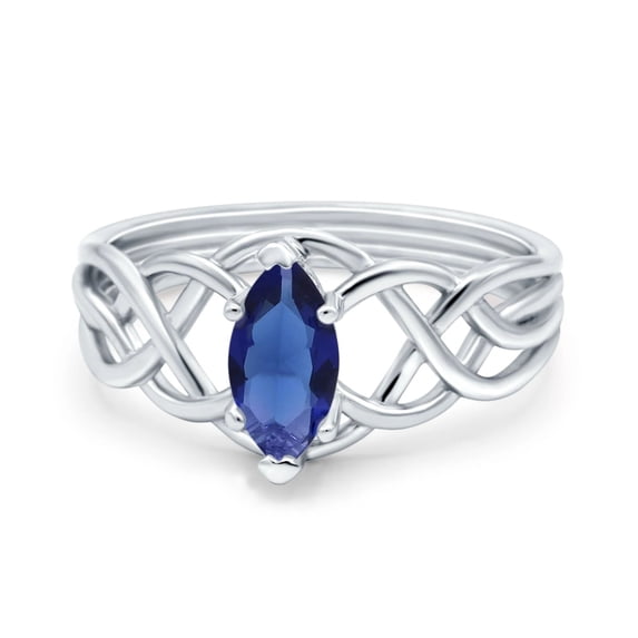 Marquise Cut Blue Sapphire Diamond Ring, September Birthstone Ring, Celtic Knot Criss Cross Shank Ring, Solitaire Diamond Ring, 14K White Gold Plated, 1.5 Ct Simulated Sapphire, Gemstone Ring
