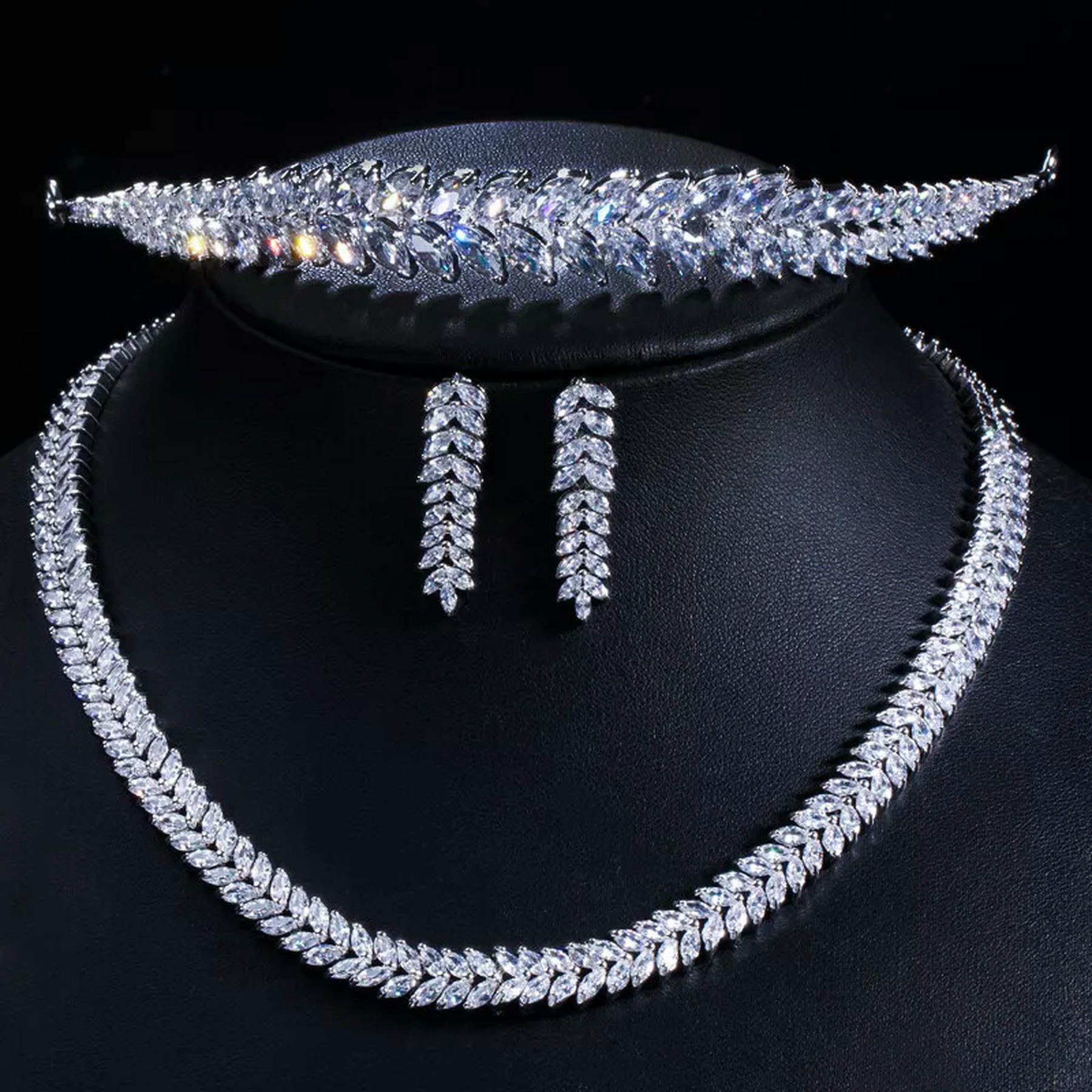 Marquise Cut Cubic Zirconia Bridal Necklace Earring Tiara Engagement Jewelry Set