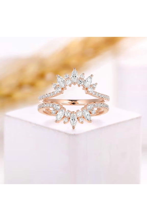 Marquise Cut Curved Wedding Band Ring Enhancer in 14K Rose Gold Vermeil – Sunburst Ring Guard & Anniversary Ring for Women