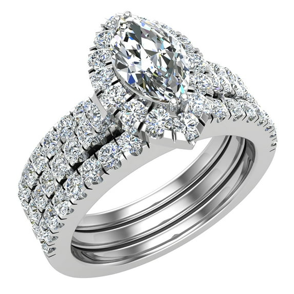 Marquise Cut Diamond Halo Wedding Ring Set w/ Enhancer Bands 1.55 CT 18K White Gold (G,VS)