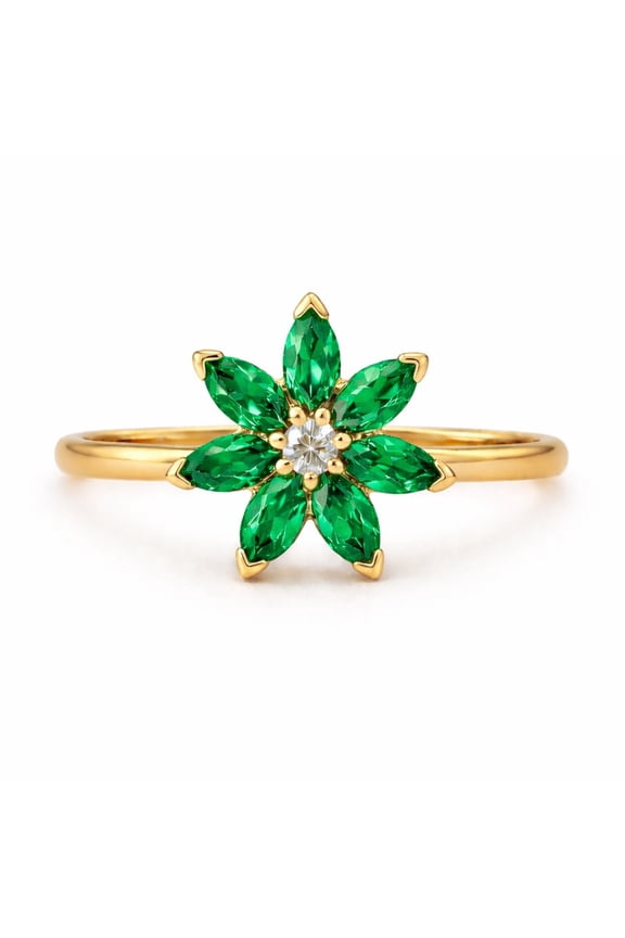 Marquise Cut Emerald & Diamond Flower Engagement Ring, Floral Anniversary Ring For Wife, Dainty Ring, May Birthstone Ring, Handmade Jewelry