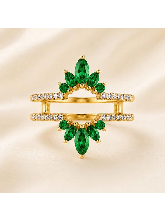 Marquise Cut Emerald & Moissanite Wedding Ring Enhancer, 925 Sterling Silver Yellow Gold Plated Elegant Proposal Ring, Double Curved Band Ring, Anniversary Gift For Her