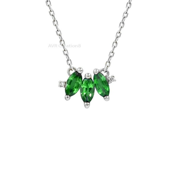 Marquise Cut Emerald Pendant Necklace, Three Marquise Pendant, 925 Sterling Silver, Anniversary Gift