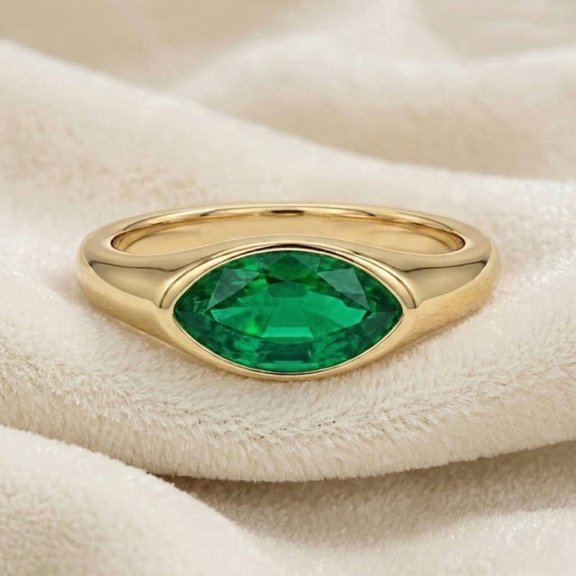 Marquise Cut Emerald Solitaire Ring, East West Bezel Set Signet Ring, Proposal Ring, Anniversary Gift for Wife, Emerald Single Stone Daily Wear Ring