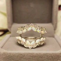 Marquise Cut Fire Opal & Diamond Engagement Ring Guard in 925 Sterling Silver – Art Deco Wedding Ring Enhancer for Women