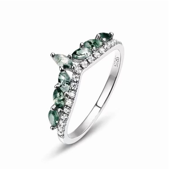 Marquise Cut Lab Created Moss Agate & Diamond Curve Crown Wedding Band Ring in 925 Sterling Silver – Elegant Jewelry for Women