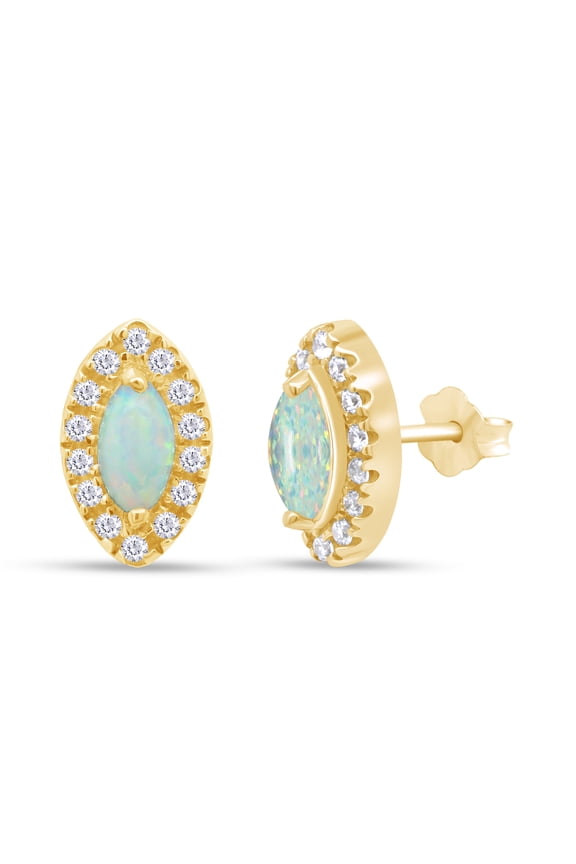 Marquise Cut Lab Created Opal Gemstone And White Cubic Zirconia Evil Eye Stud Earring In 14k Yellow Gold Over Sterling Silver For Women Wedding