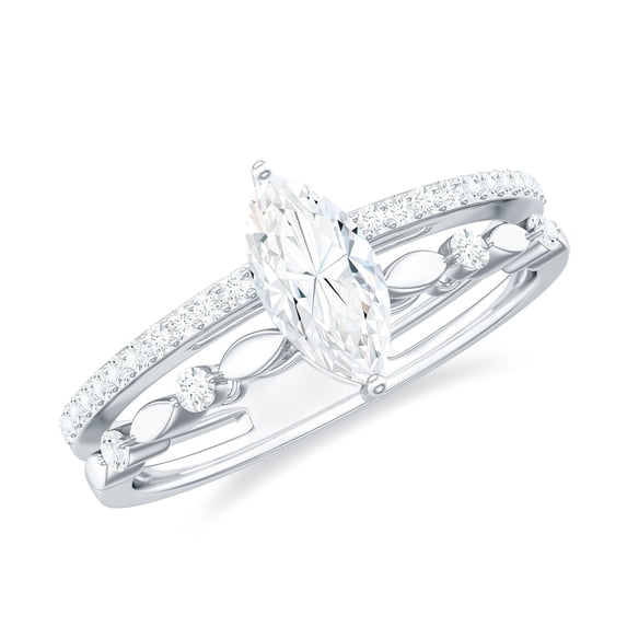 Rosec Jewels Certified Moissanite Marquise Engagement Ring for Women - 4X8 mm - Double Band Ring - D-VS1 Grade, 10K White Gold, US 10.50