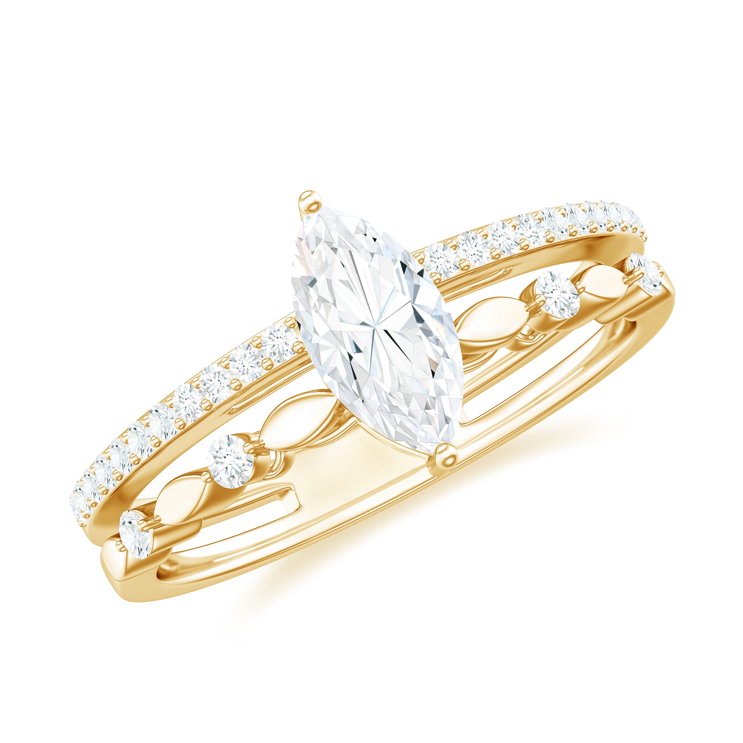 Rosec Jewels Certified Moissanite Marquise Engagement Ring for Women - 4X8 mm - Double Band Ring - D-VS1 Grade, 14K Yellow Gold, US 9.50