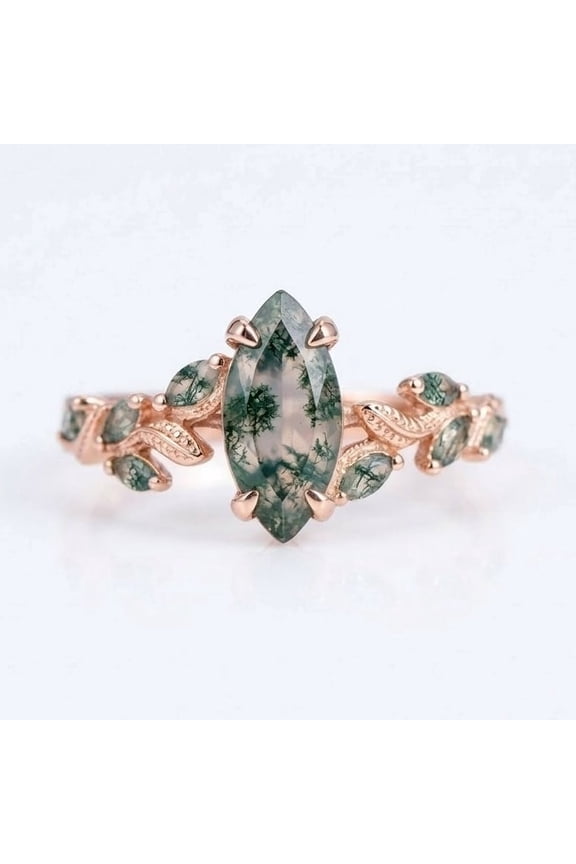 Marquise Cut Moss Agate Leaf Band Ring, Anniversary Gift for Wife, Nature Inspired Ring, Stackable Band Ring, June Birthstone Ring, Handmade Jewelry