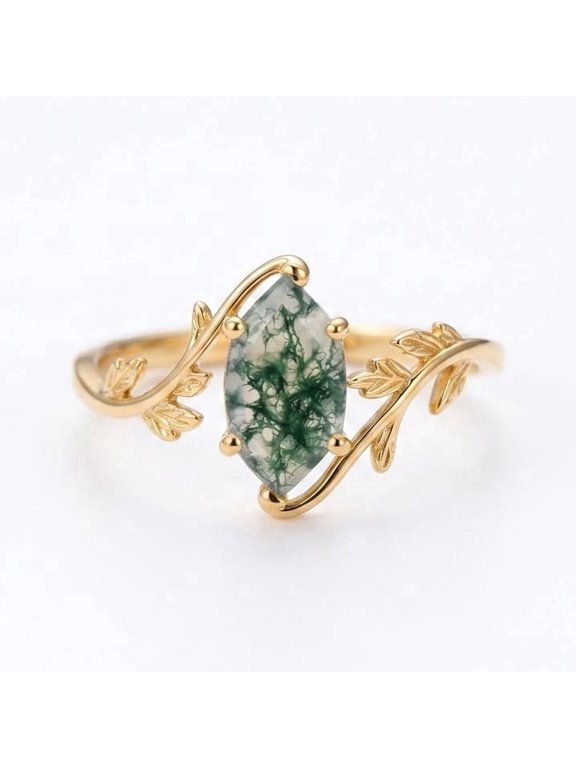 Marquise Cut Moss Agate Leaf Band Ring, Minimalist Ring, Solitaire June Birthstone Ring, Engagement Ring, Green Stone Nature Inspired Handmade Jewelry