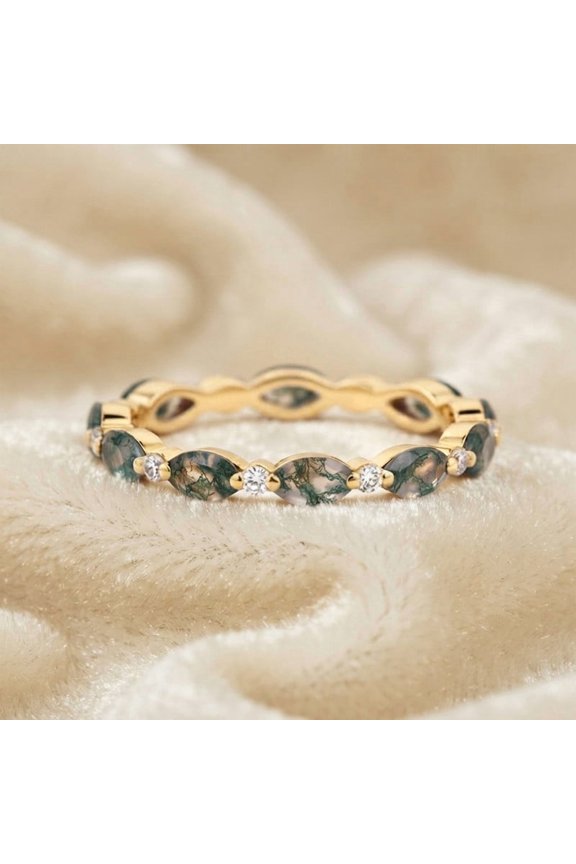Marquise Cut Moss Agate & Round Diamond Full Eternity Ring, 925 Sterling Silver Yellow Gold Plated Proposal Band Ring, Trendy Handmade Jewelry, Gift For Her