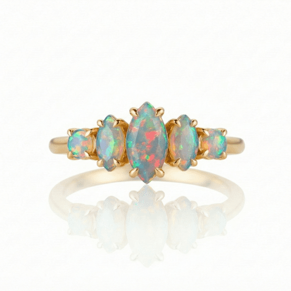 Marquise Cut Opal Engagement Ring, Minimalist Stackable Ring For Wedding, Handmade Jewelry, October Birthstone Ring, Five Fire Opal Ring .