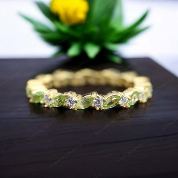 Marquise Cut Peridot Wedding Band CZ Diamond Full Eternity Women Jewelry Art Deco Handmade Proposal Ring Christmas Gift For Wife