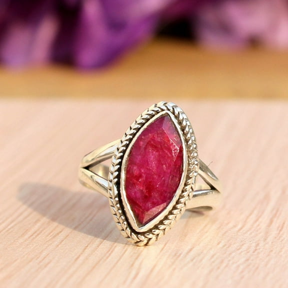 Marquise Cut Ruby Ring | Red Ruby Ring for Women | Antique Finish Handmade 925 Sterling Silver Ring | Birthstone Ring | Band Ring For Her