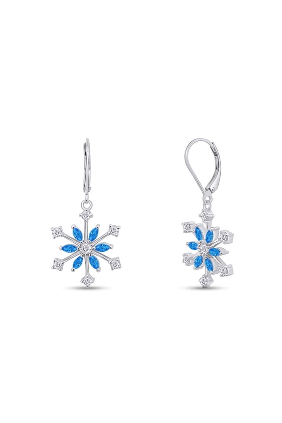 Marquise Cut Simulated Blue Topaz & Round White Cubic Zirconia Snowflake Leverback Drop Dangle Earrings In 14k White Gold Over Sterling Silver For Womens Her