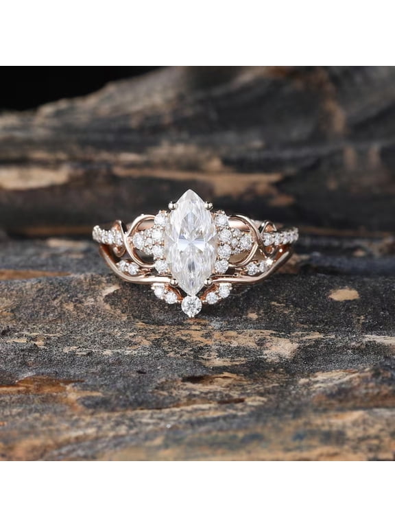 Marquise Cut Simulated Diamond Engagement Ring in 14K Rose Gold Vermeil – Vintage Floral Halo Ring for Women – Handmade Bridal Jewelry