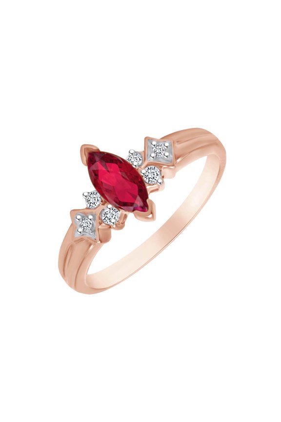 Marquise Cut Simulated Ruby & White Natural Diamond Anniversary Engagement Ring In 14k Solid Rose Gold Ring Size-5