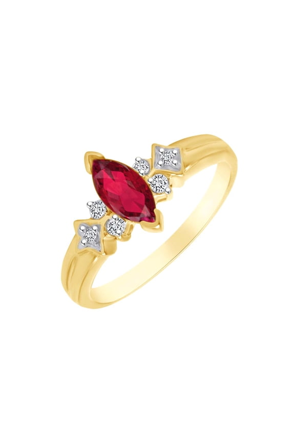 Marquise Cut Simulated Ruby & White Natural Diamond Anniversary Engagement Ring In 14k Solid Yellow Gold Ring Size-8.5