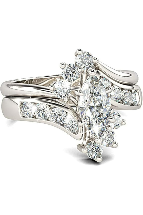 "Marquise Cut Wedding Set Sterling Silver Bypass Rings with Cubic Zirconia & White Diamond Solitaire Engagement Ring  Promise & Anniversary Gift with Box"