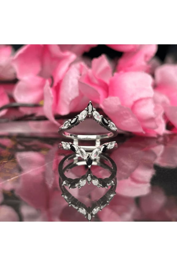 Marquise Cut White Diamond & Black Onyx Wedding Ring Enhancer- 925 Sterling Silver- Handmade Jewelry