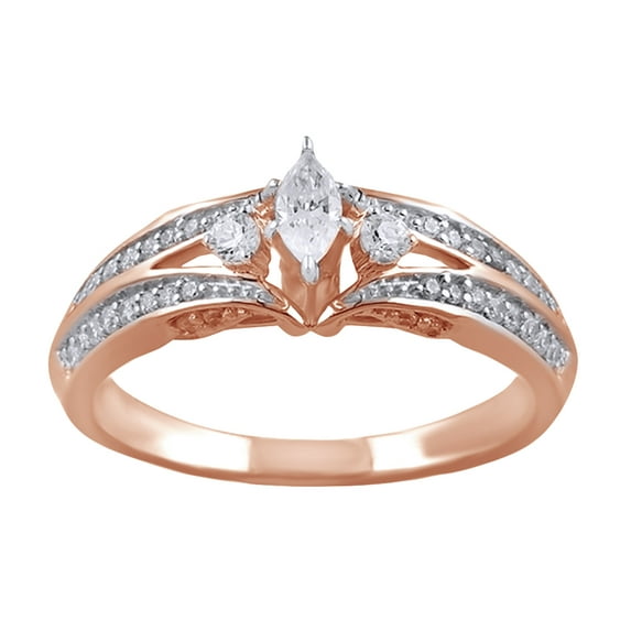 AFFY Marquise Cut White Natural Diamond Three Stone Engagement Ring In 10k Rose Gold