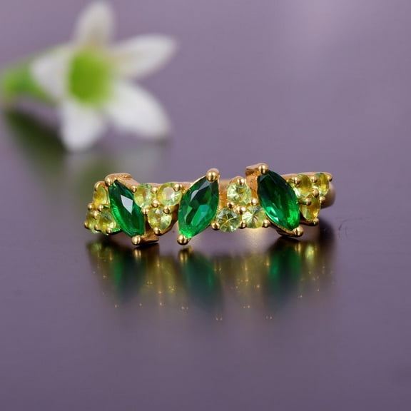 Marquise Emerald And Peridot Engagement Ring Emerald Peridot Band Yellow Gold Marquise Emerald Cluster Band Two Birthstone Ring For Gifts