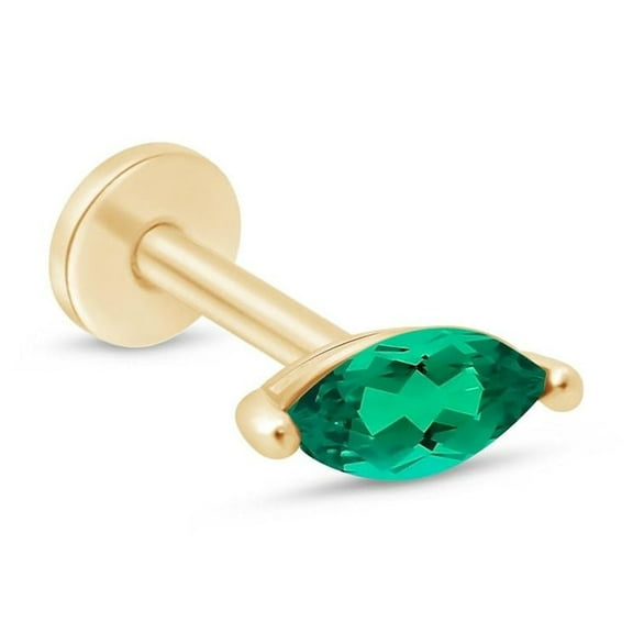 Marquise Emerald Gemstone Flat Back Earring for Men Women 14K Solid Gold Cartilage Earring Threaded Conch Tragus Helix Piercing Jewelry Small Single Stud Earring for Upper Ear Nose Ring