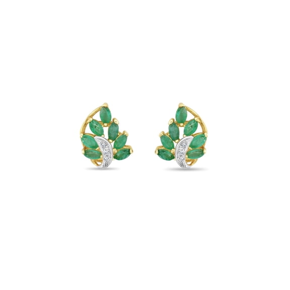 Marquise Emerald Leaf Style Studs With Diamond Pave Accent