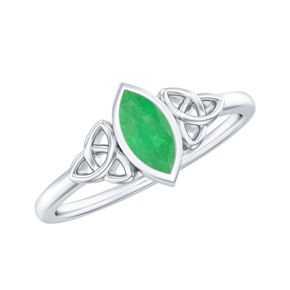Rosec Jewels Natural Emerald Promise Ring with Celtic Knot - Bezel Set May Birthstone Ring - 4X8 mm - AAA Quality - Ready to Gift, 10K White Gold, US 8.50