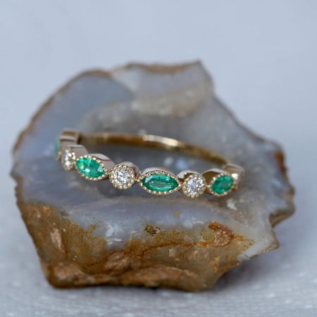 Marquise Emerlad & Diamond Half Eternity Band Ring, 925 Sterling Silver Band Ring, Anniversary Ring, Handmade Fine Jewelry, Gift For Her May Birthstone Ring.