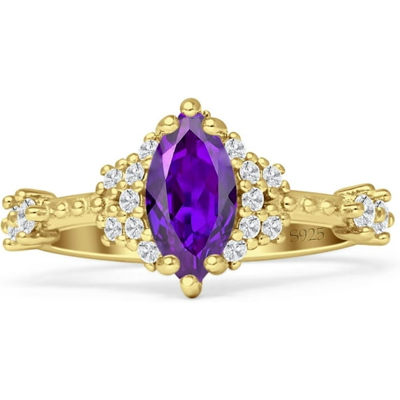 Marquise Halo Beaded Ring Amethyst Cubic Zirconia Yellow Tone 925 Sterling Silver, Size 5