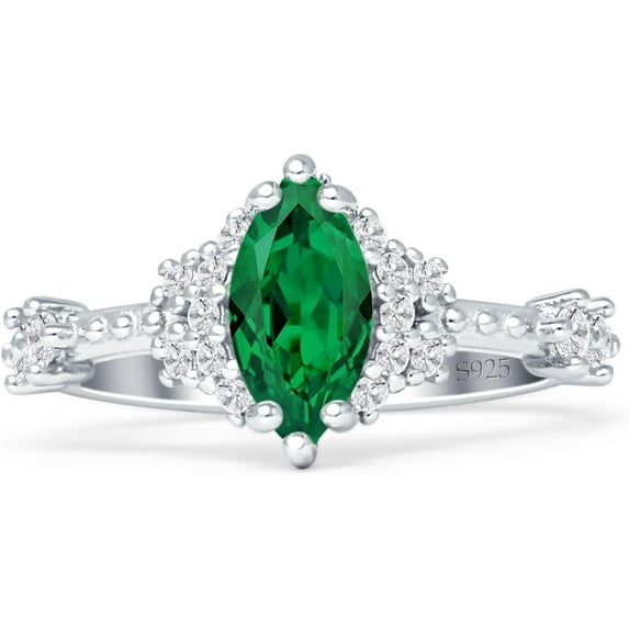 Marquise Halo Beaded Ring Green Emerald Cubic Zirconia White Tone 925 Sterling Silver, Size 7