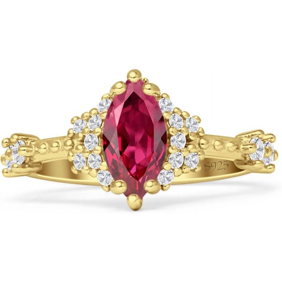 Marquise Halo Beaded Ring Ruby Cubic Zirconia Yellow Tone 925 Sterling Silver, Size 9