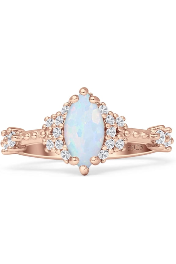 Marquise Halo Beaded Ring White Opal Cubic Zirconia Rose Tone 925 Sterling Silver, Size 10