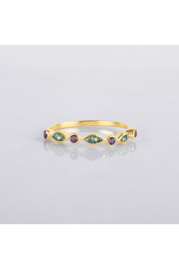 Marquise Moss Agate And Alexandrite Half Eternity Band Ring, 925 Starling Silver Lite Weight Handmade Ring, Minimalist Handmade Fine Jewelry Ring, Proposal Birthstone Ring, Anniversary Gift For Wife