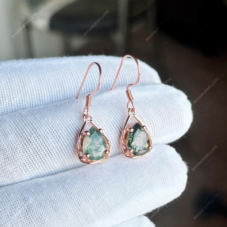 Marquise Moss Agate Earrings – Natural Green Gemstone Studs with Push Back, Elegant and Timeless Jewelry for Women Rose Gold Plated
