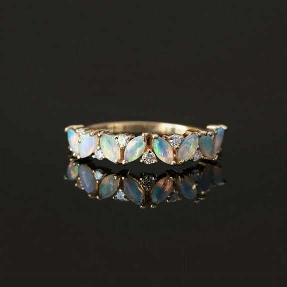 Marquise Opal & Diamond Half Eternity Band Ring, 925 Sterling Silver Band Ring, Anniversary Ring, Handmade Fine Jewelry, Gift For Her May Birthstone Ring.