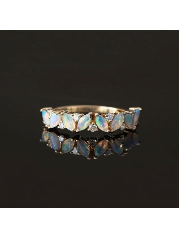 Marquise Opal & Diamond Half Eternity Band Ring, 925 Sterling Silver Band Ring, Anniversary Ring, Handmade Fine Jewelry, Gift For Her May Birthstone Ring.