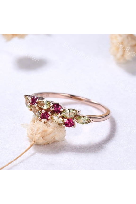 Marquise Peridot Ruby Engagement Ring Gold Art Deco Gemstone Wedding Birthstone Cluster Gift for Women