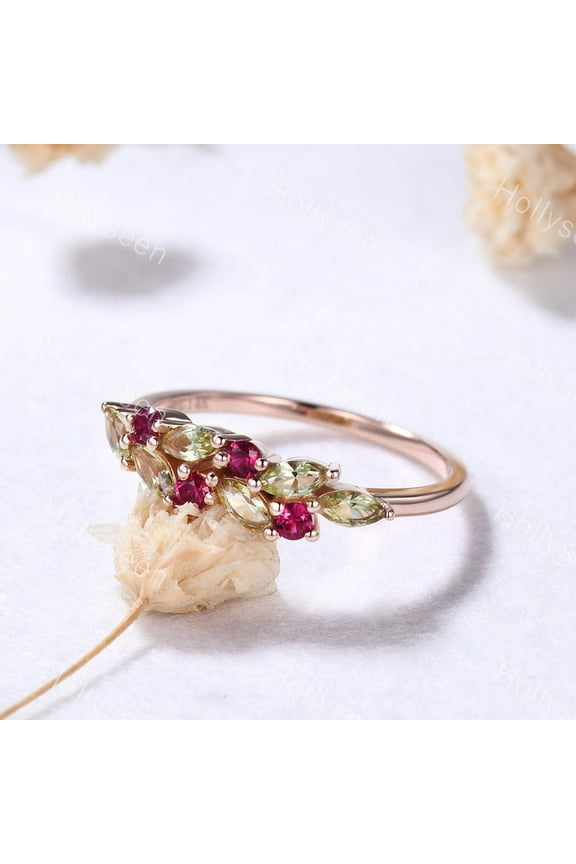Marquise Peridot Ruby Engagement Ring Gold Art Deco Gemstone Wedding Birthstone Cluster Gift for Women