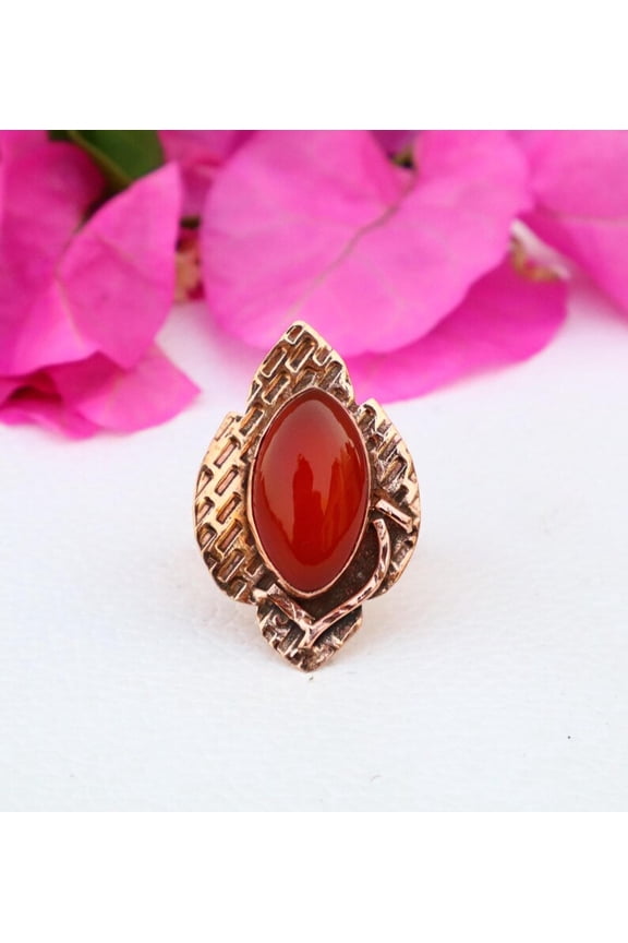 Marquise Red Carnelian Onyx Beautiful Copper Ring, Artisan Handmade Fashionable Boho Statement Gift Bohemian Copper Engraved Healing Ring
