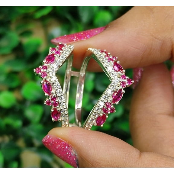 Marquise & Round Cut Pink Ruby Enhancer Ring in 925 Sterling Silver - Wedding Ring Guard