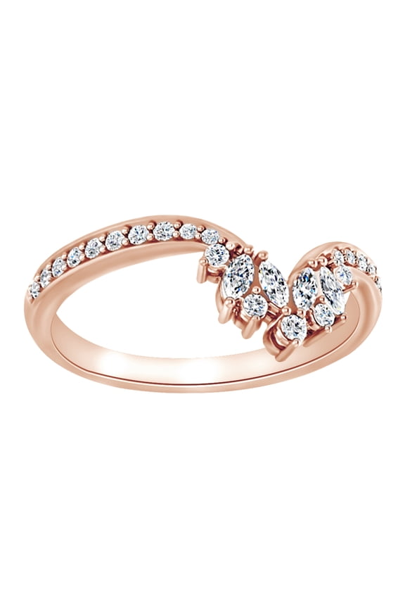 Marquise & Round Cut White Natural Diamond V Band Ring In 14K Solid Rose Gold (0.33 Ct)