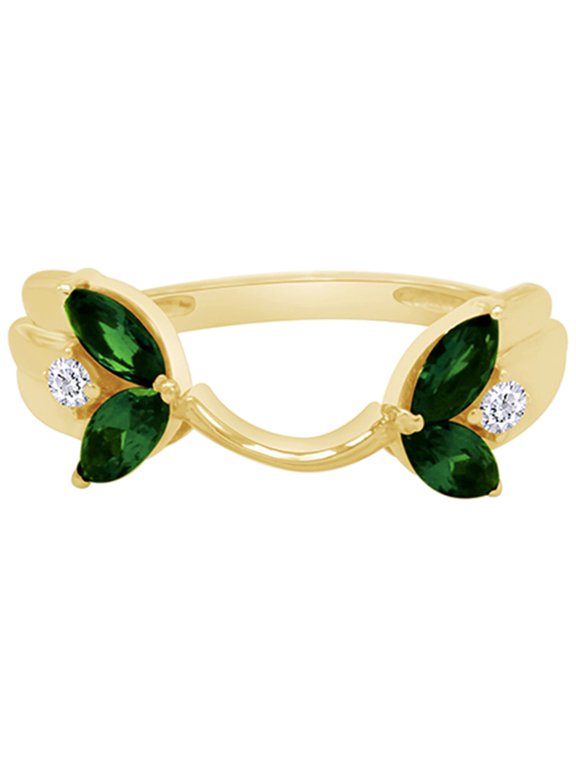 Marquise & Round Simulated Green Emerald & Cubic Zirconia Enhancer Guard 10k Yellow Gold Ring Size - 7.5